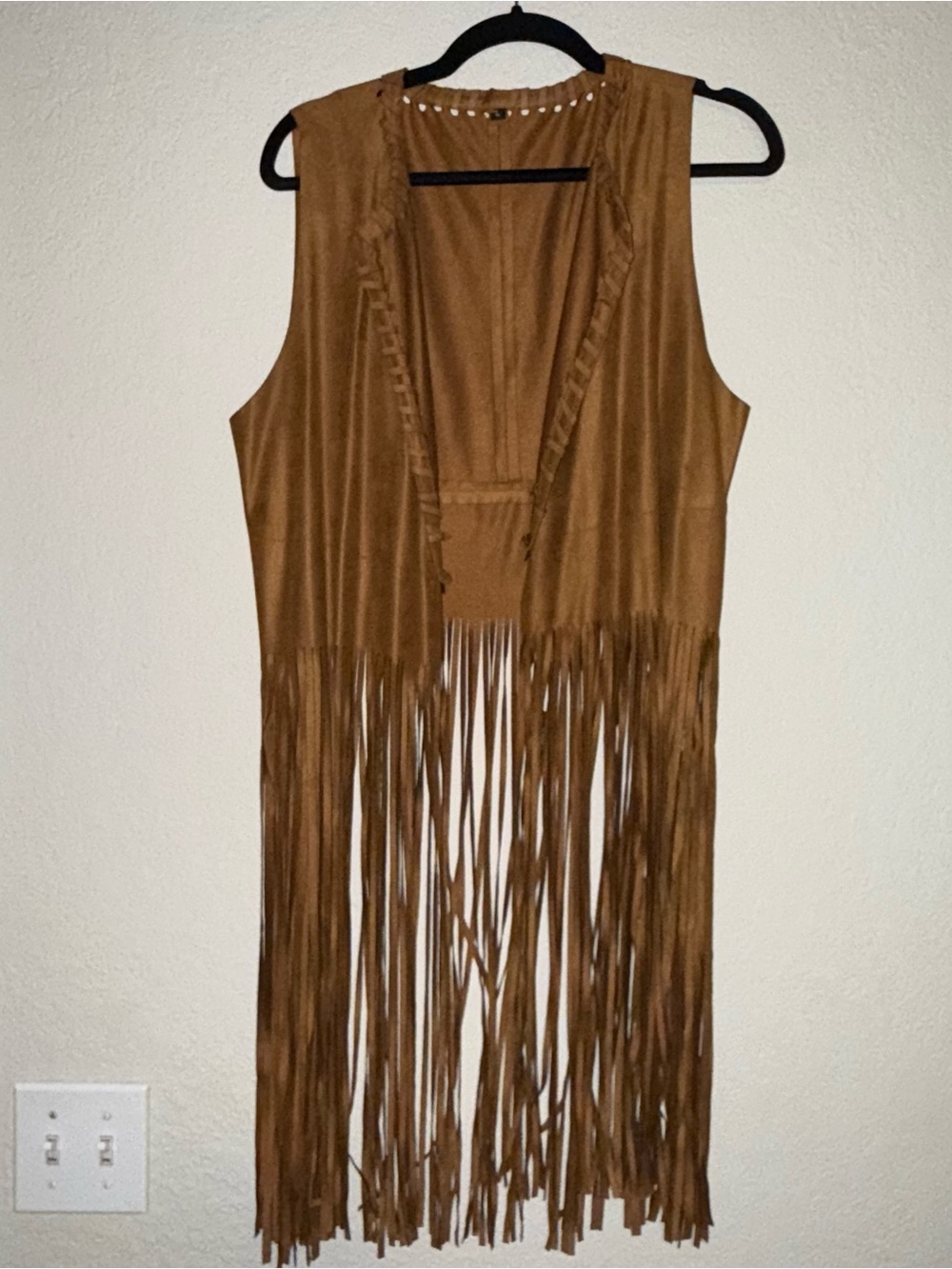 Fringed Vest Faux Suede Cardigan Sleeveless Open Front 70s Hippie Size Large